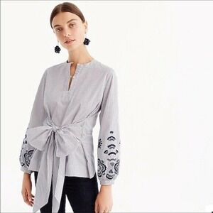 J. Crew Embroidered Striped Tie Front/Back Tunic Blouse Balloon Sleeves Size S